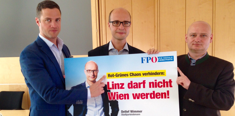 V.l.: Bundesparteiobmann-Stv. John Gudenus, FP-Stadtrat Detlef Wimmer und Fraktionsobmann Markus Hein.