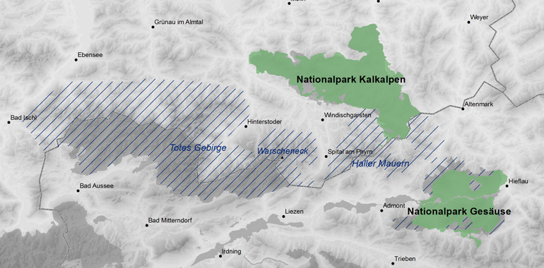 Die bestehende (grün) und neu geplante (schraffiert) Fläche des Nationalparks im Süden Oberösterreichs