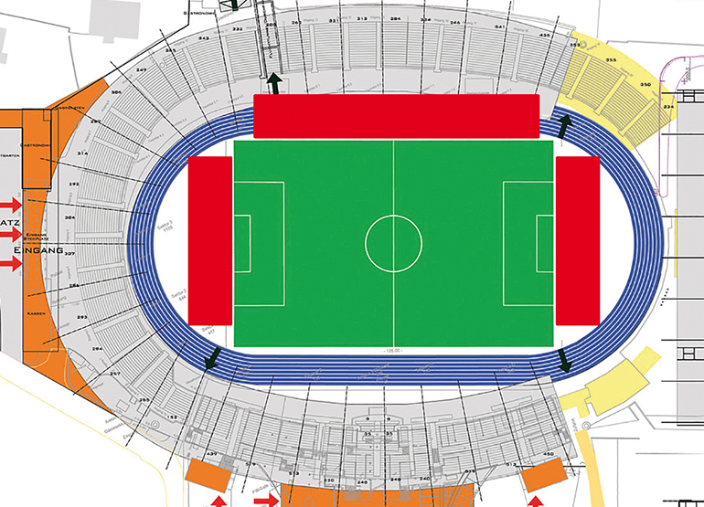 Ebenfalls möglich: eine Variante mit drei mobilen Tribünen (rot).