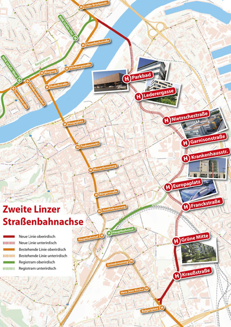 Der Streckenplan der zweiten Bim-Achse durch Linz