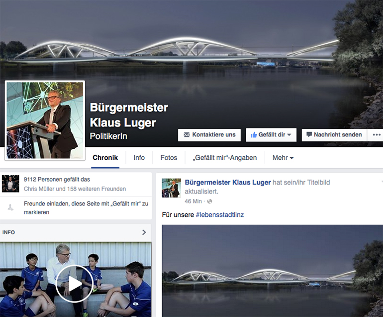 Die neue Donaubrücke dient bei Bürgermeister Klaus Lugers Facebook-Auftritt als Eyecatcher.