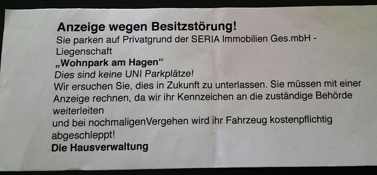 Mit diesen Zetteln will man der "Fremdparker" Herr werden.