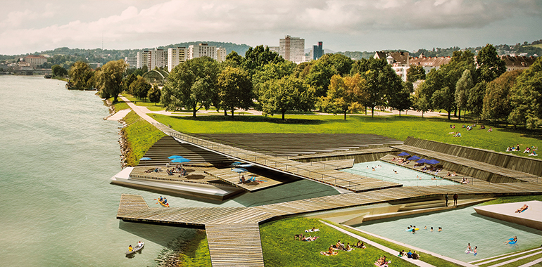 So könnte die Donau-Badebucht bei der neuen
Eisenbahnbrücke aussehen
