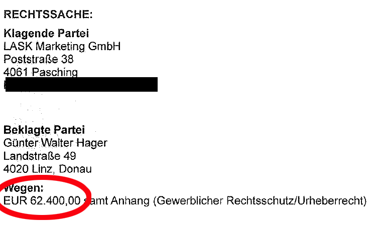 Auszug aus dem Anwaltsschreiben an Günter Hager: Anfangs-Streitwert waren 62.400 Euro.