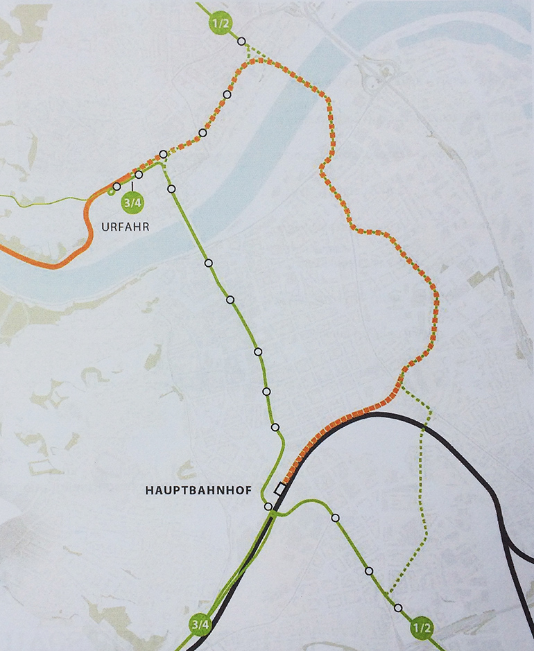 Die Streckenführung der neuen Mühlkreisbahn (S7) durch Linz