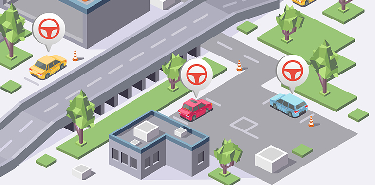 Isometric carsharing city map vector illustration 3D for car sharing or carpool service location or parking lots navigation. Isometric flat design of city plan with car renting parking location