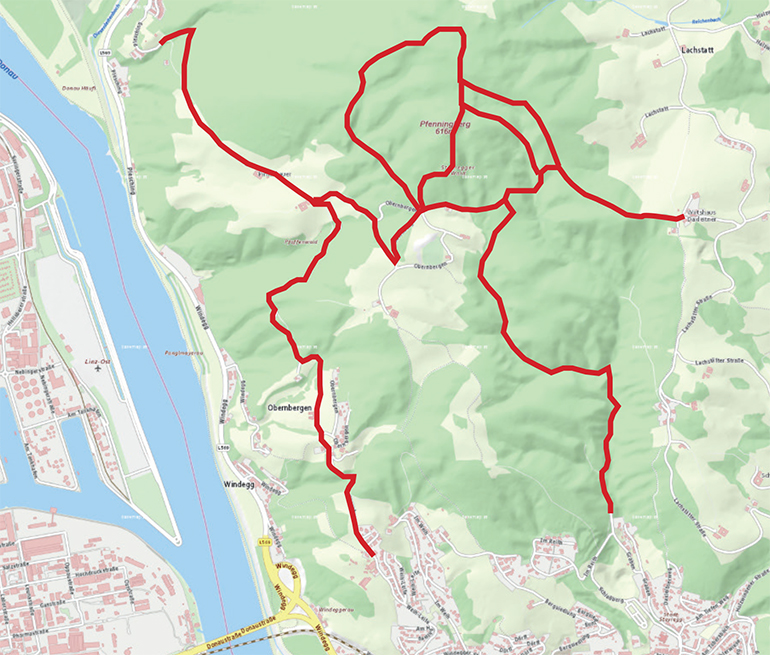 Übersicht über die in Kürze neu freigegebenen (rot) MTB Strecken (Plan: doris.at)