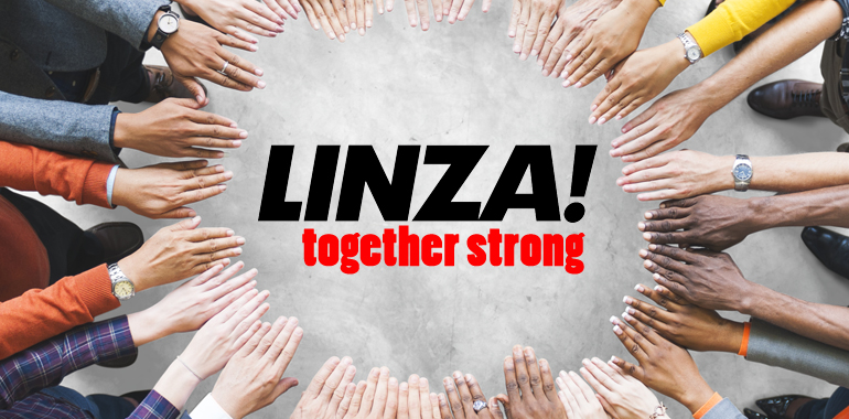 Aerial view of supported hands out together