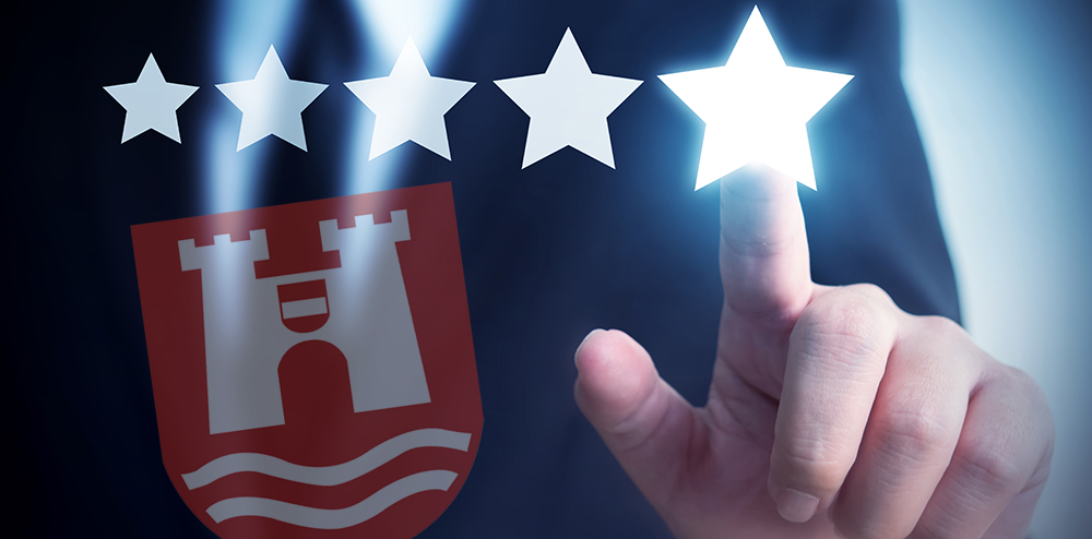 Businessman hand touching five star symbol to increase rating of company concept, Copy space background for your title