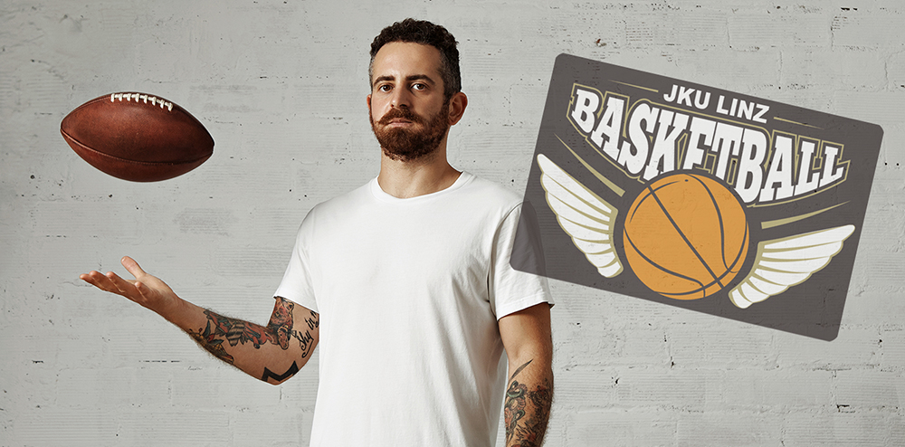 Young man dressed in a blank white cotton sleveless t-shirt and black jeans throwing a brown vintage football in a studio isolated on white