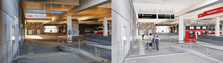 Das überdachte Busterminal or und nach dem Umbau. (Bilder: Schiene OÖ)