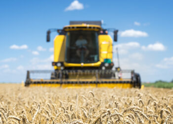 Combine harvester working in the field.