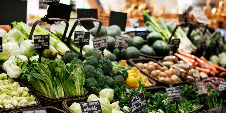 Variety of organic vegetables in a supermarket
