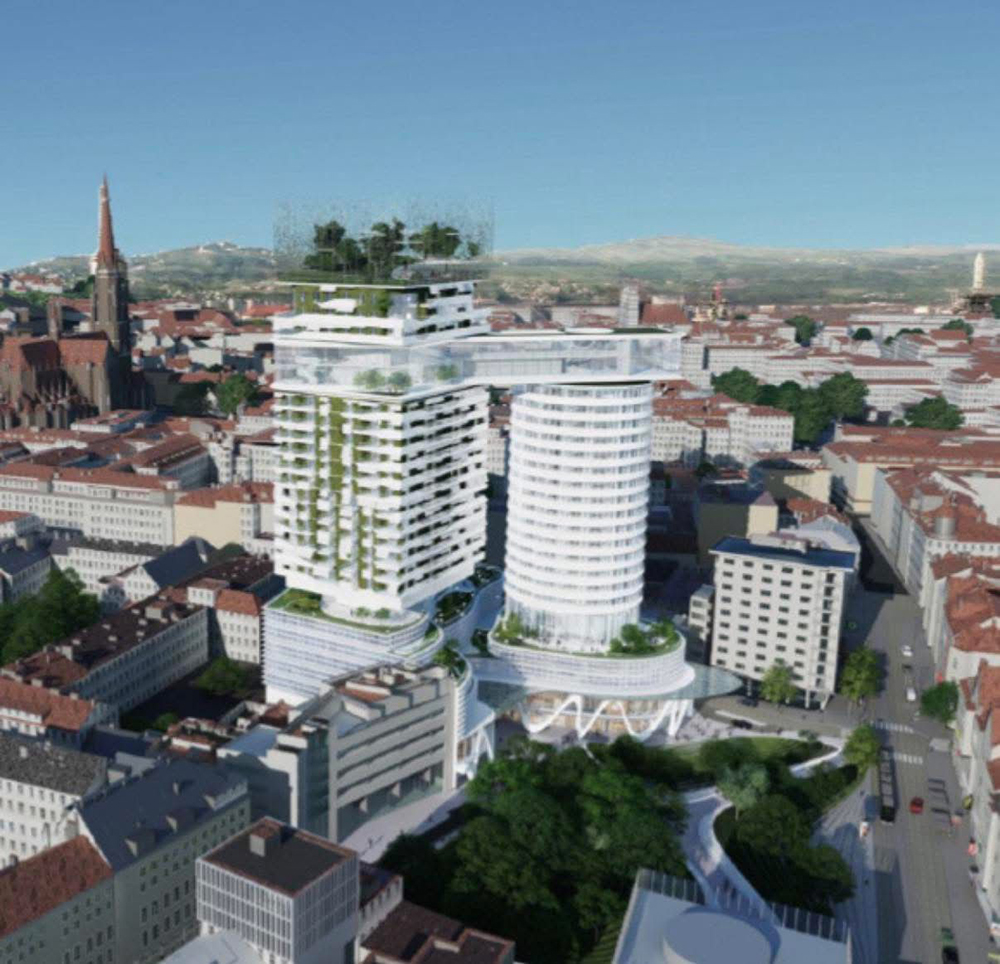 Angebliches Siegerprojekt für den Schillerpark NEU: ein 100m-Hochhaus mit spezieller Optik. (Rendering: zVg)